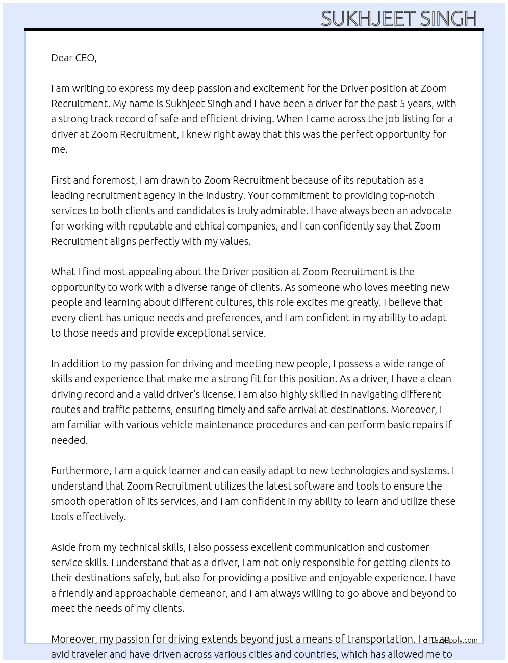 Driver At Zoom Recruitment Cover Letter
