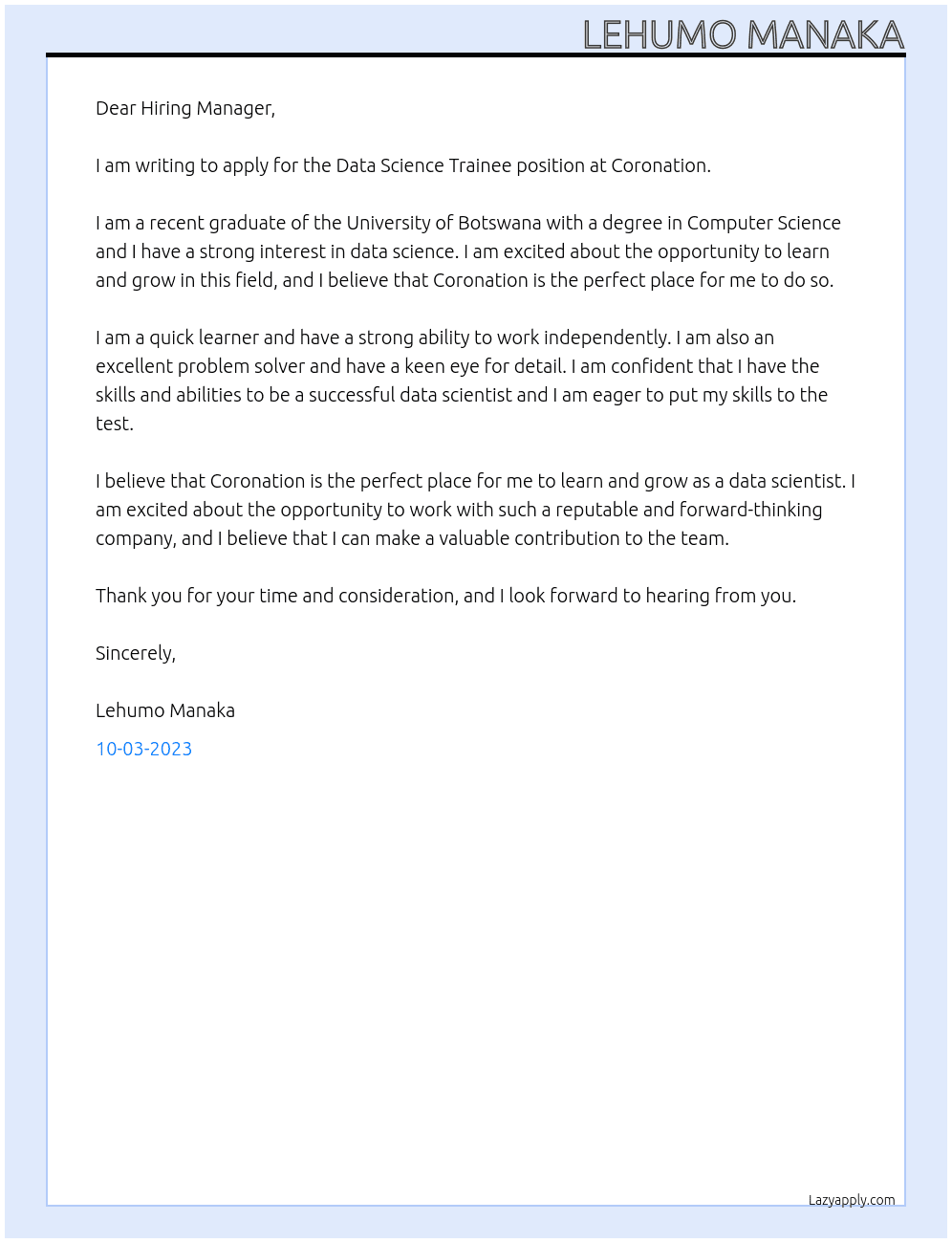 Data Science Trainee At Coronation Cover Letter