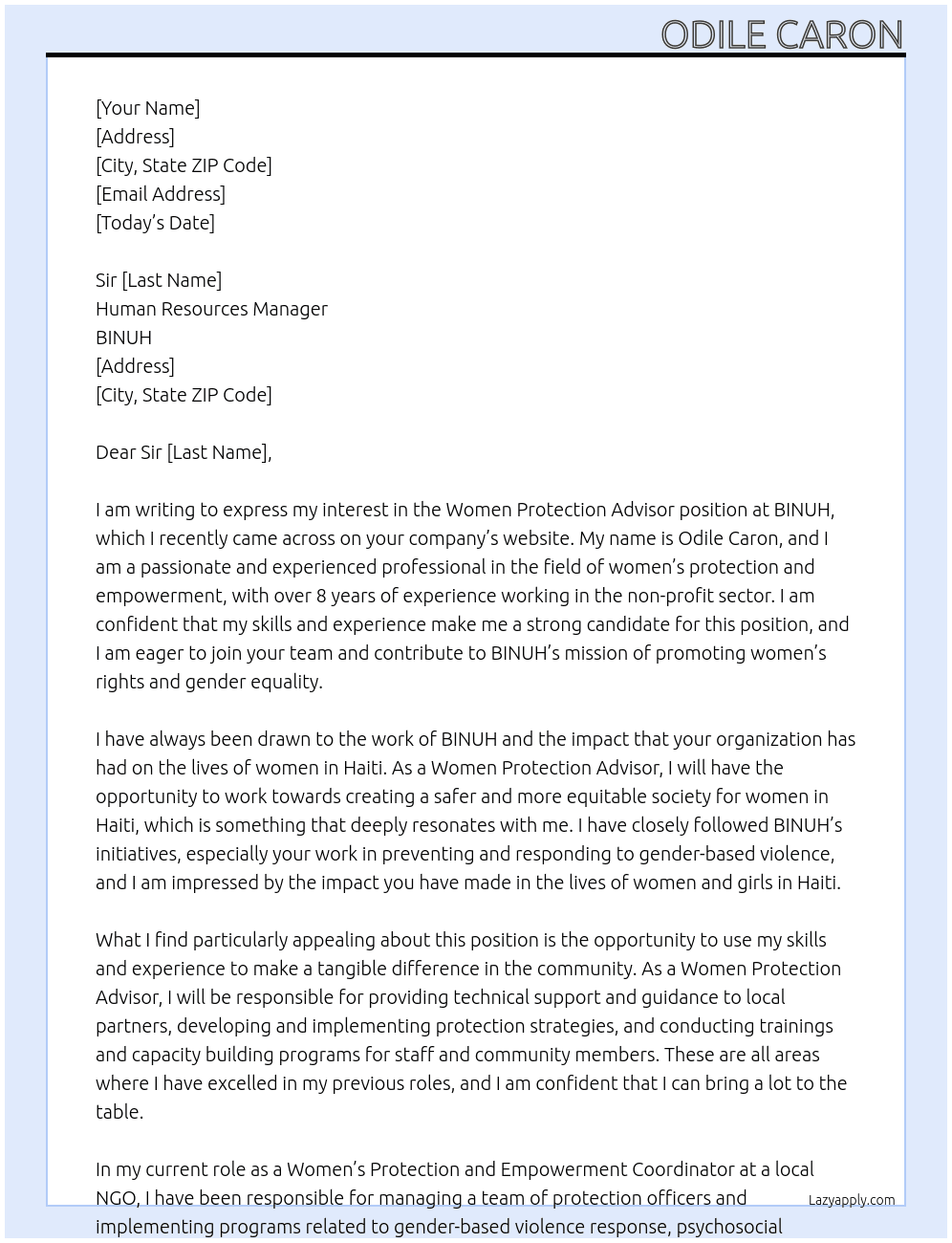 Women Protection Advisor At BINUH Cover Letter