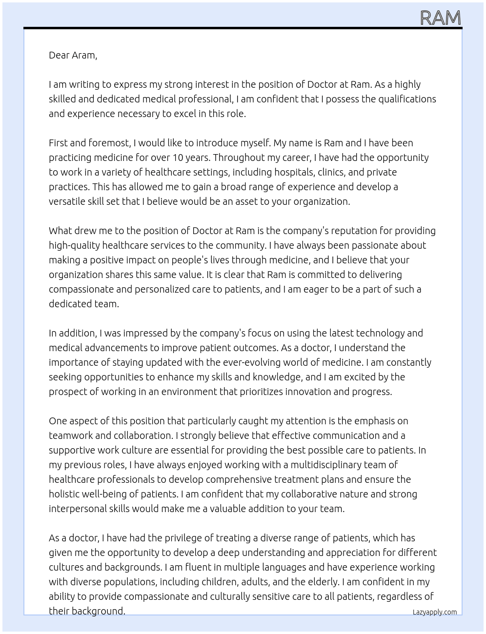 Doctor At Ram Cover Letter