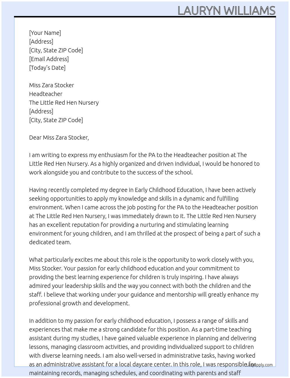 PA to the Headteacher At The Little Red Hen Nursery  Cover Letter