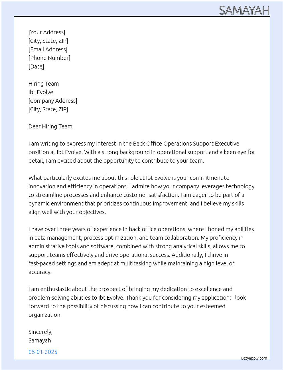 Cover letter for back office operations support executive - LazyApply