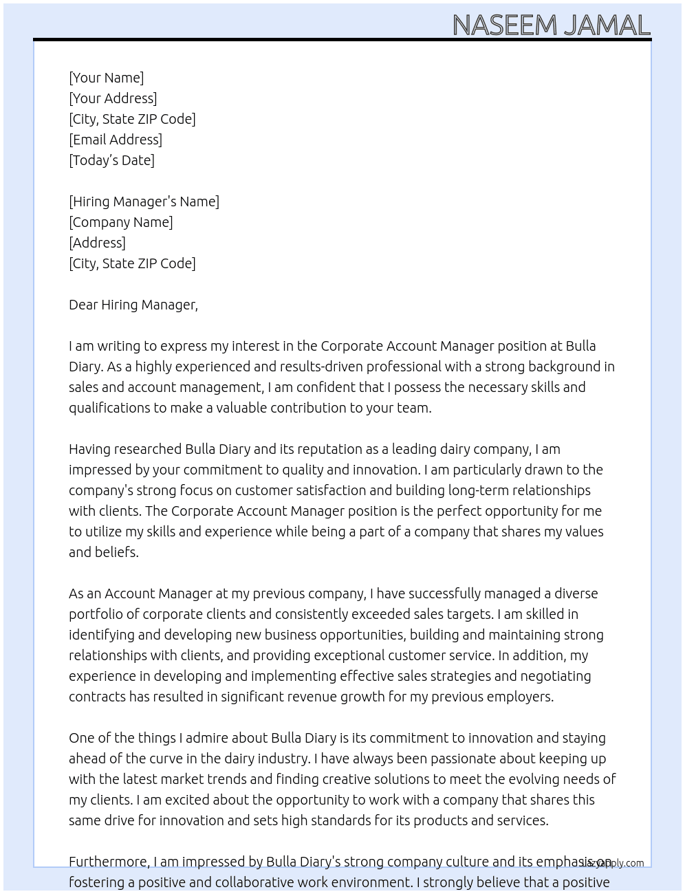 Corporate Account Manager At Bulla Diary Cover Letter