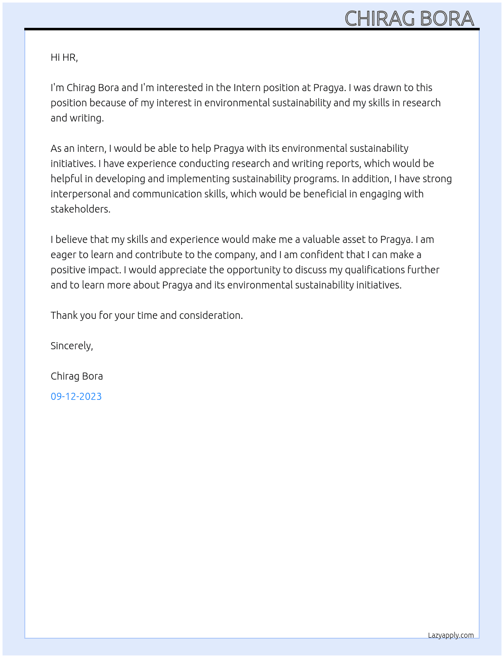 Intern  At Pragya  Cover Letter