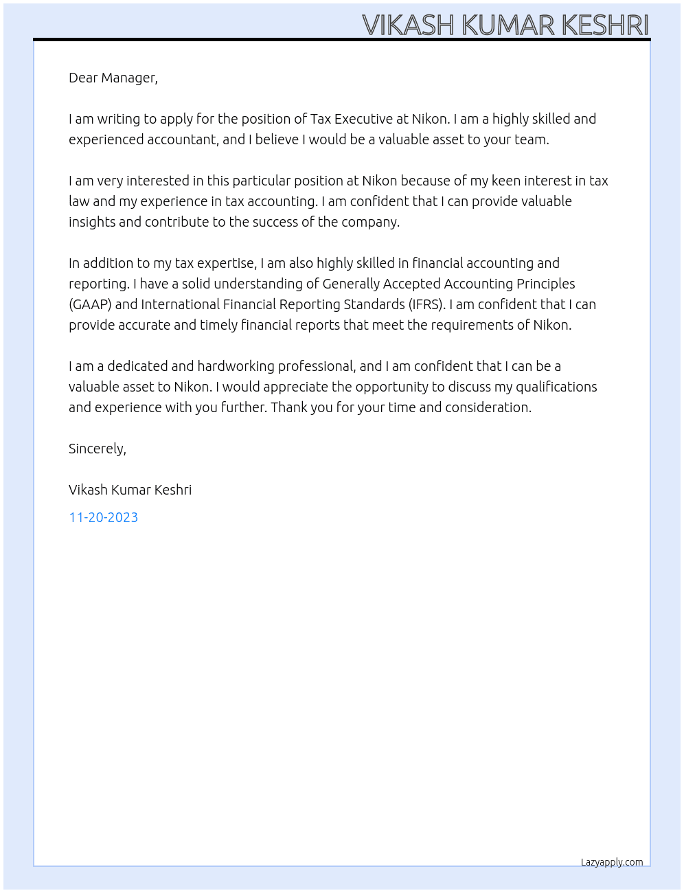 Tax Executive At Nikon Cover Letter
