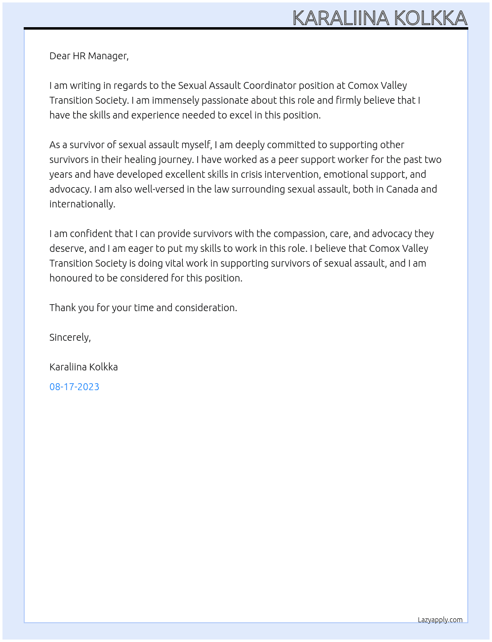 Sexual Assault Coordinator At Comox Valley Transition Society Cover Letter