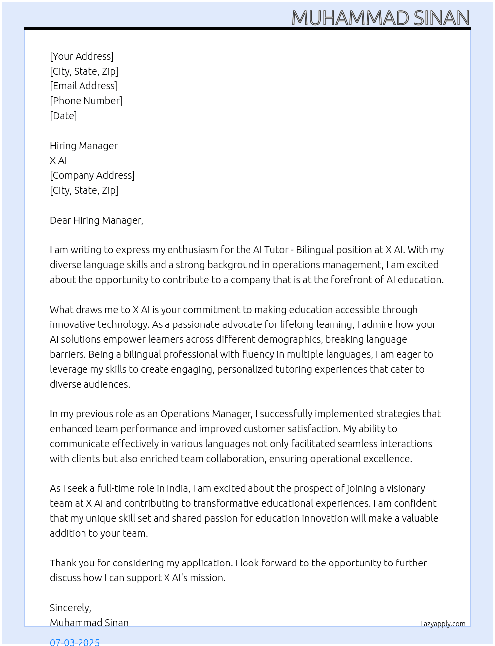 Cover letter for ai tutor- bilingual - LazyApply