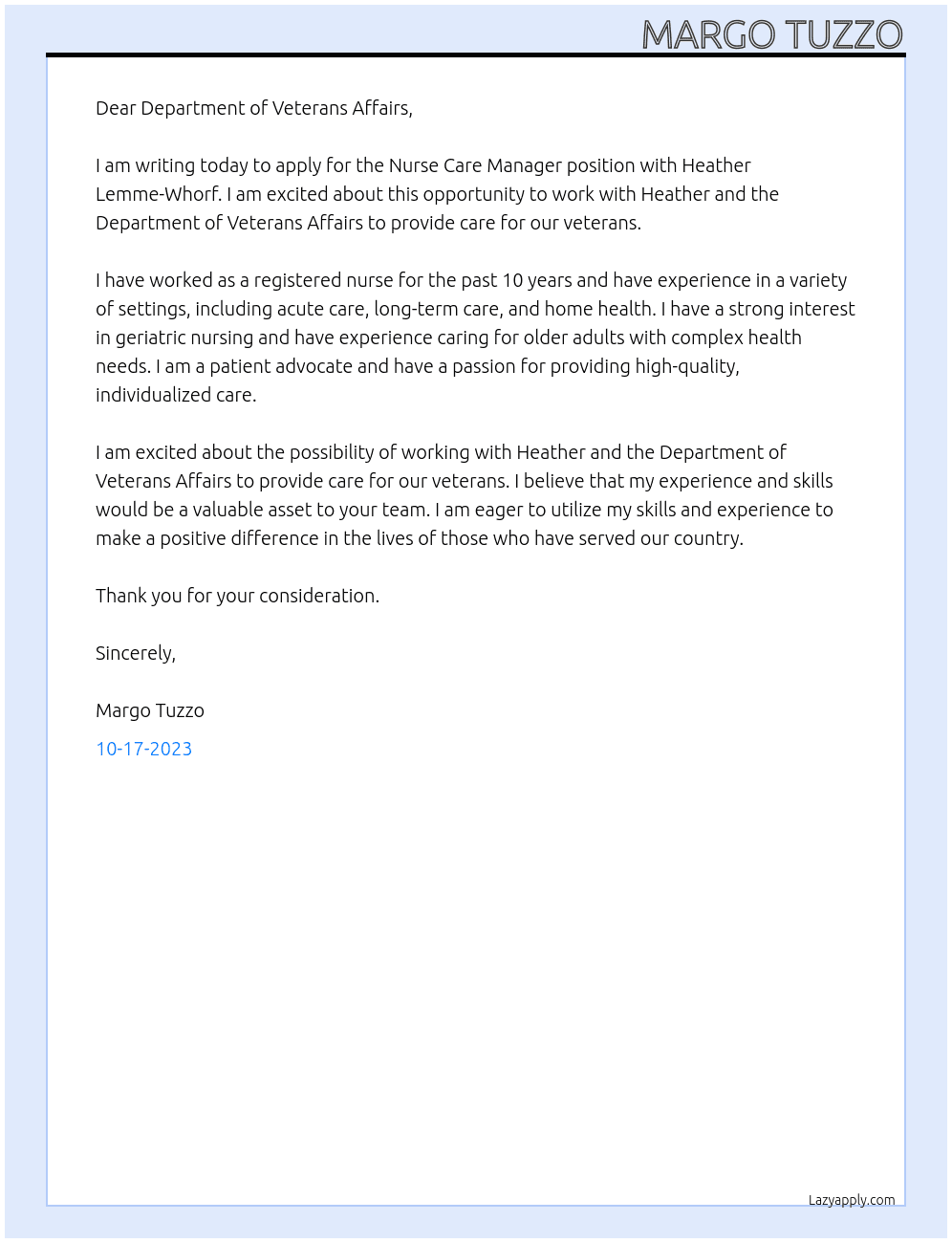 Nurse Care Manager At Department of Veterans Affairs Cover Letter