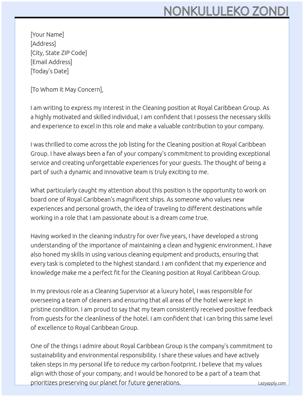 Cleaning At Royal Caribbean Group Cover Letter