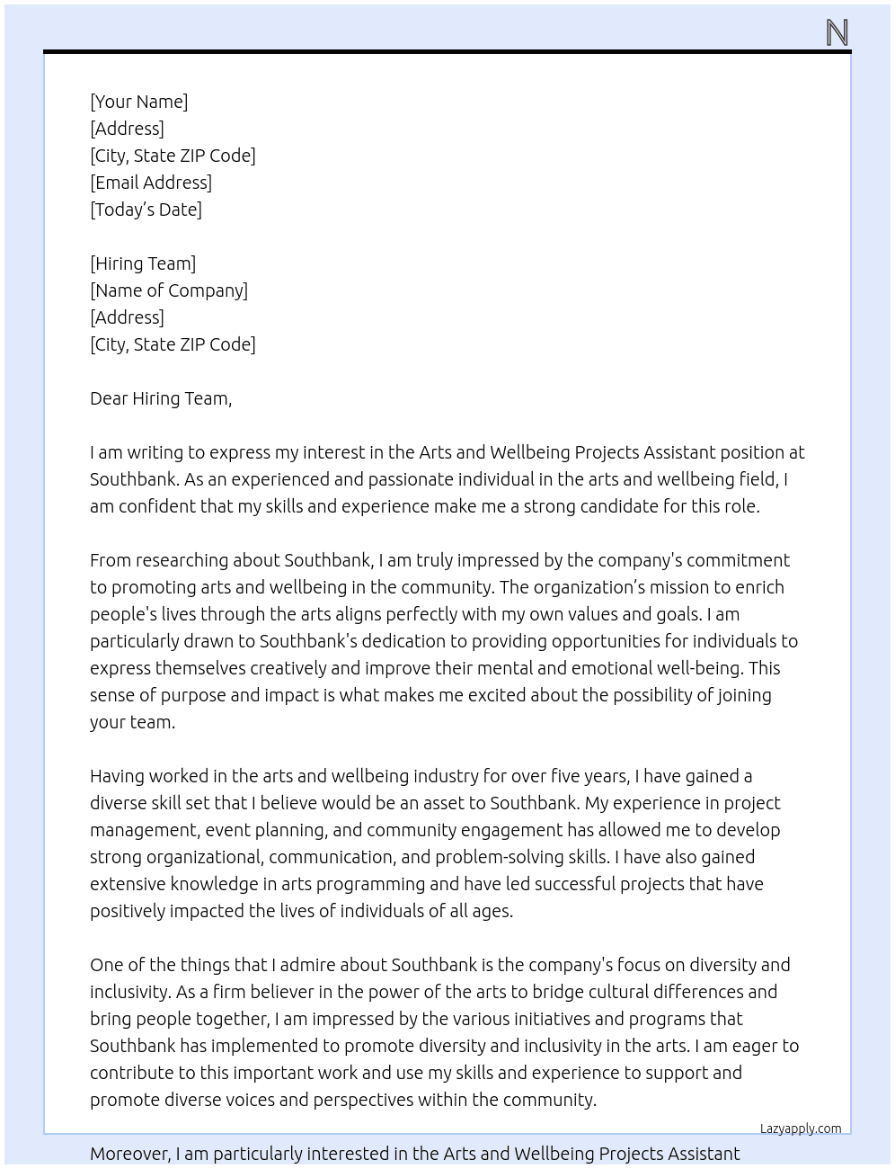 Arts and Wellbeing Projects Assistant At Southbank Cover Letter