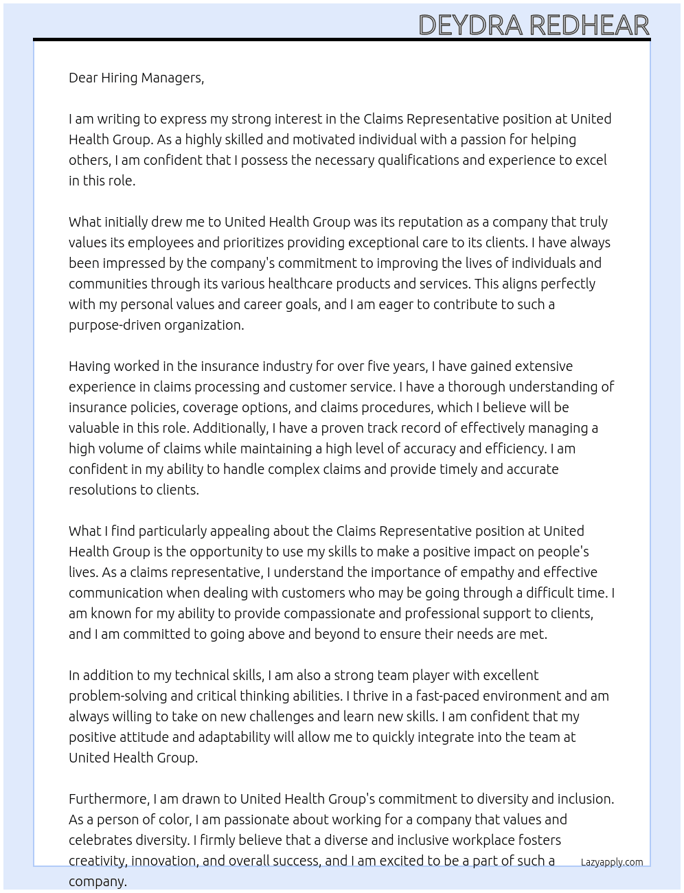 Claims representative  At United health group  Cover Letter