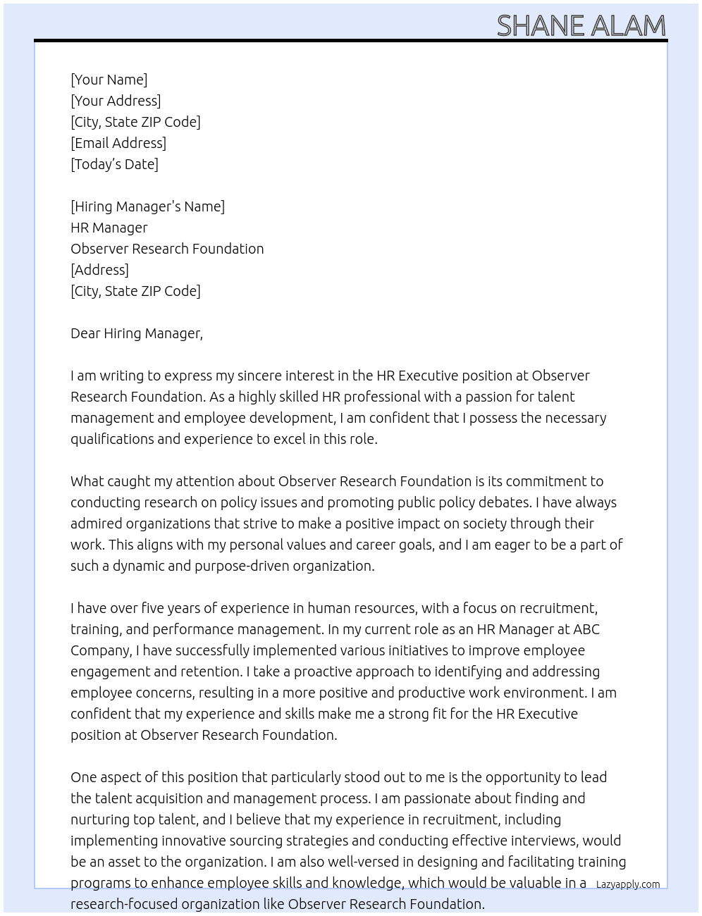 HR EXECUTIVE   At Observer Research Foundation Cover Letter