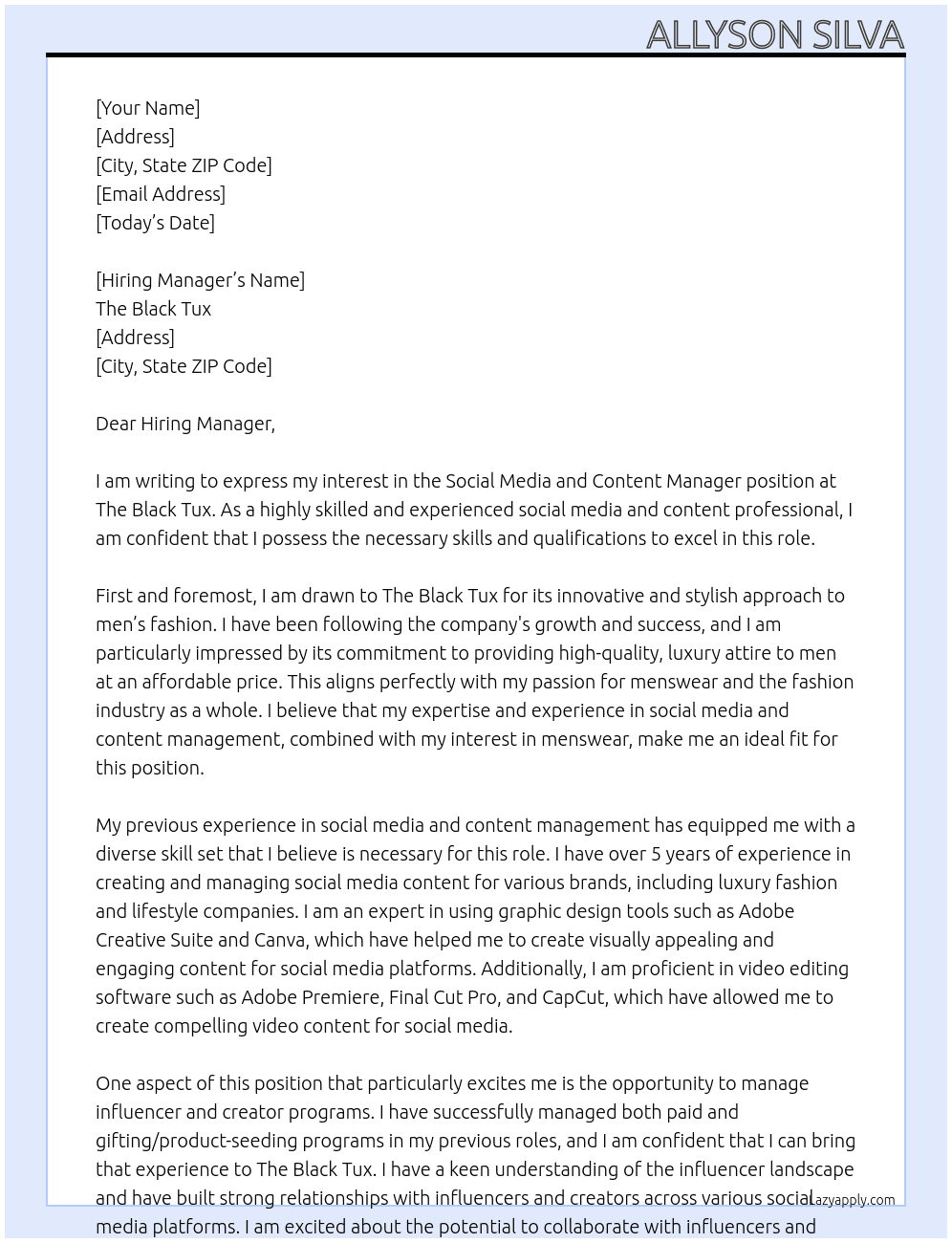 Social media and content manager At The black tux Cover Letter