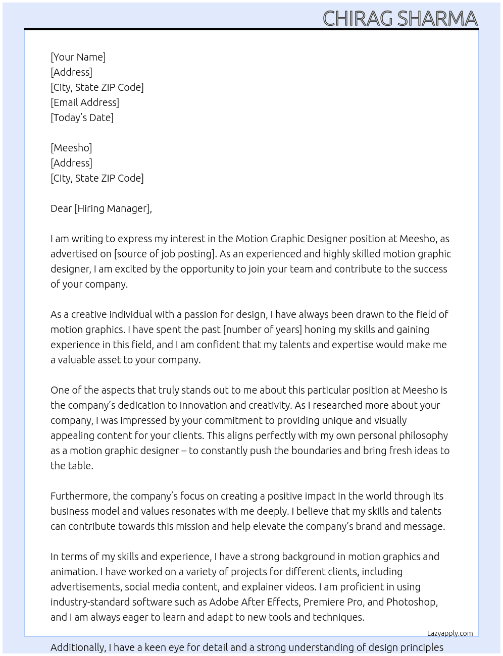 motion graphic designer At meesho Cover Letter