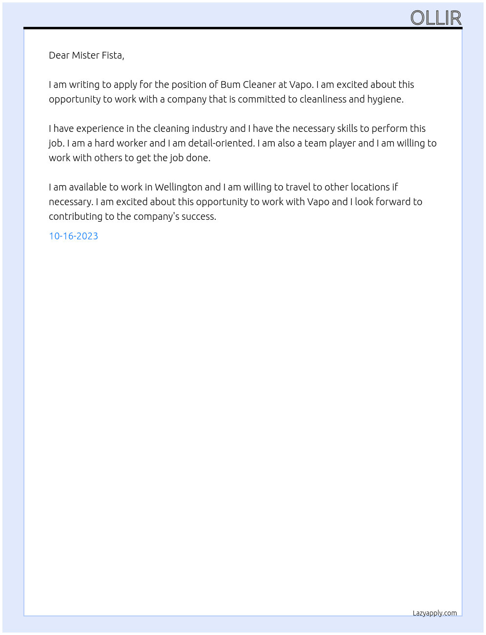 Bum cleaner At Vapo Cover Letter