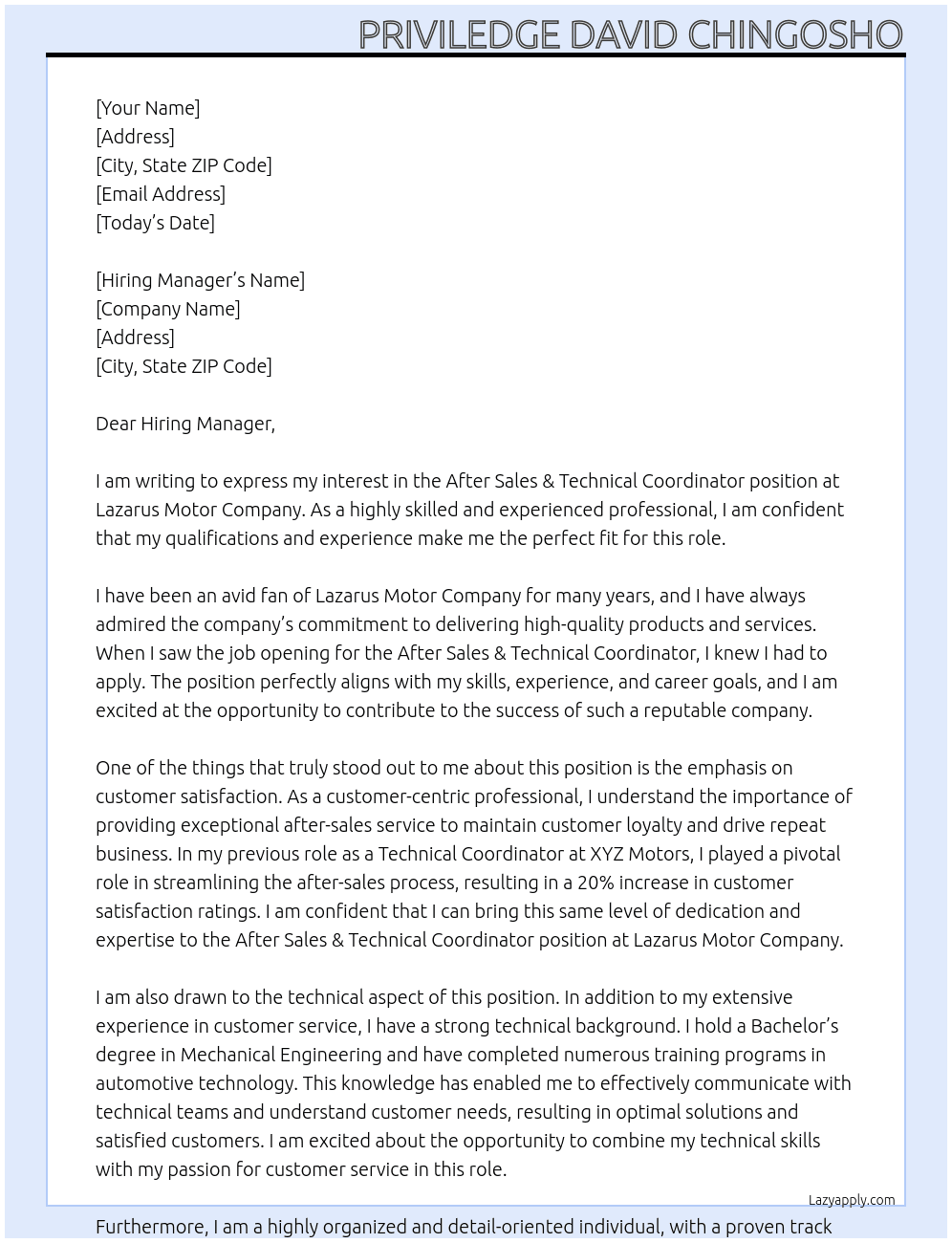 After Sales & Technical coordinator At Lazarus Motor Company Cover Letter