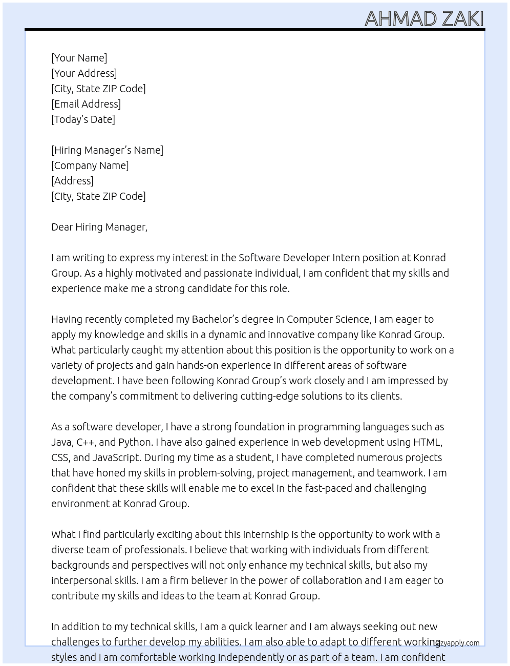 Software Developer Intern At Konrad Group Cover Letter