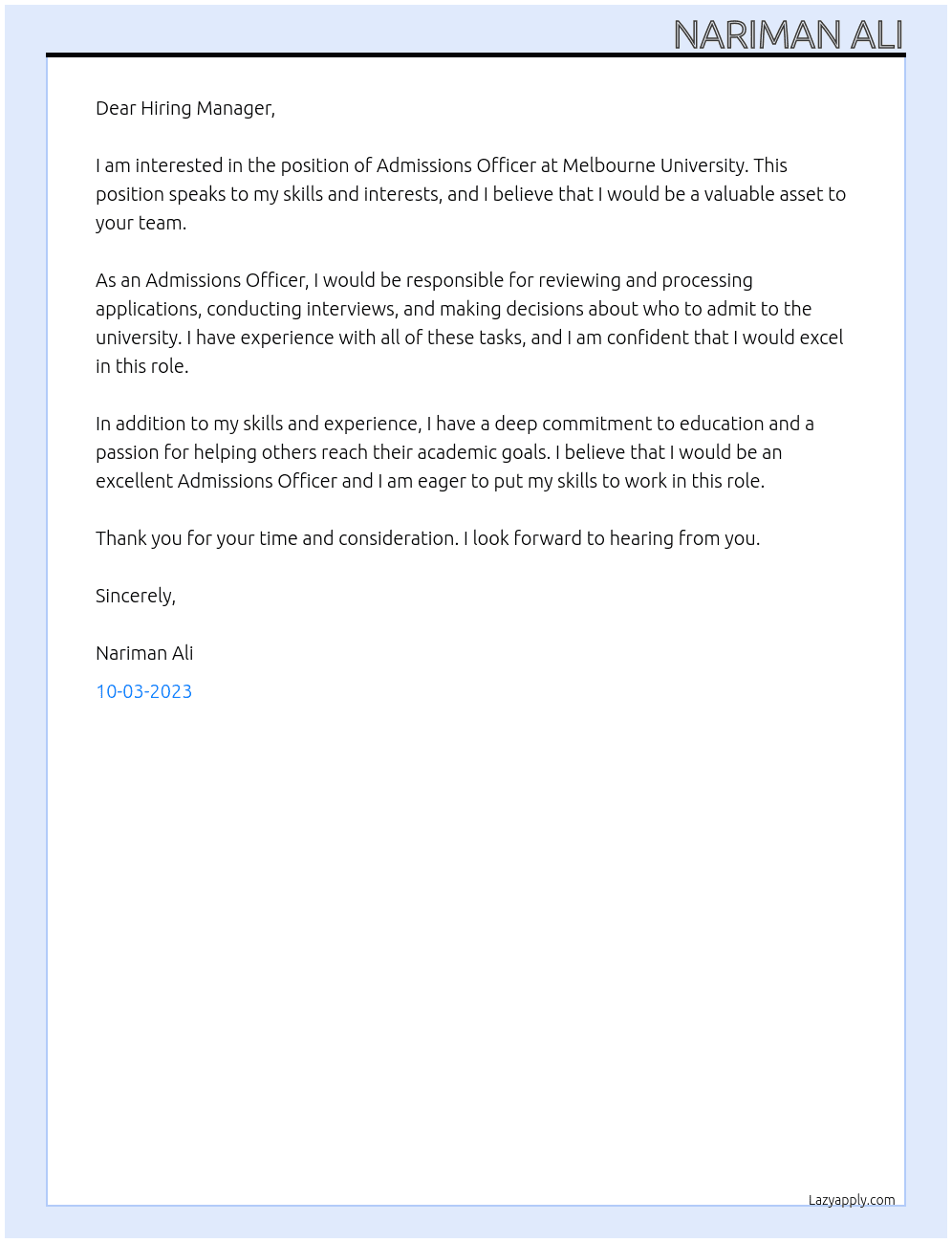 Admissions Officer At Melbourne University Cover Letter