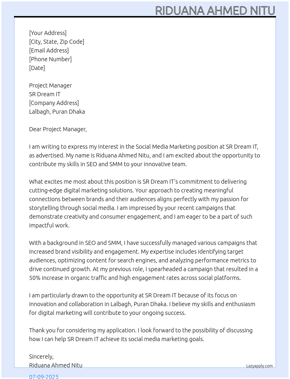 Social media marketing At SR Dream IT Cover Letter