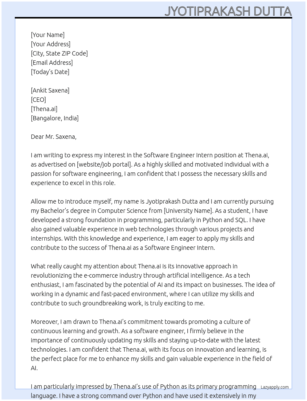 Software engineer intern At Thena.ai Cover Letter
