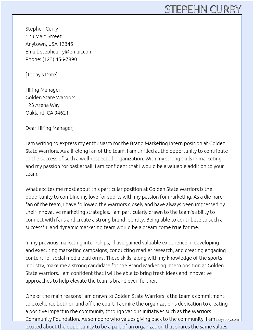 Brand Marketing Intern At Golden State Warriors Cover Letter