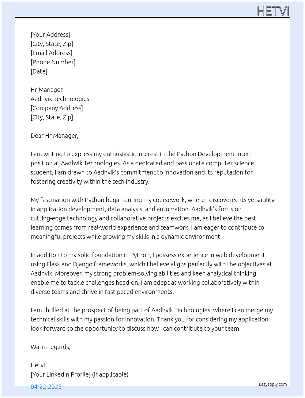 Python development intern  At Aadhvik Technologies  Cover Letter
