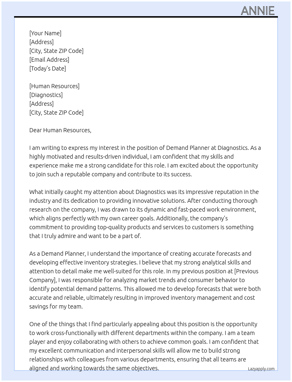 Demand Planner  At Diagnostics Cover Letter
