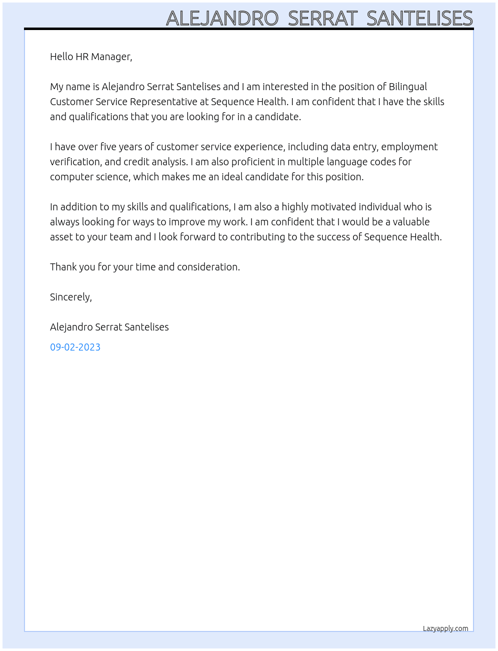 Bilingual Customer Service Representative At Sequence Health Cover Letter