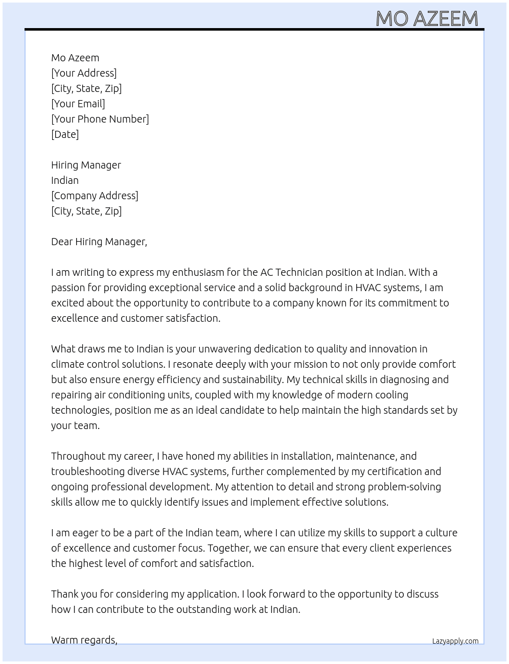 Ac technician  At Indian  Cover Letter