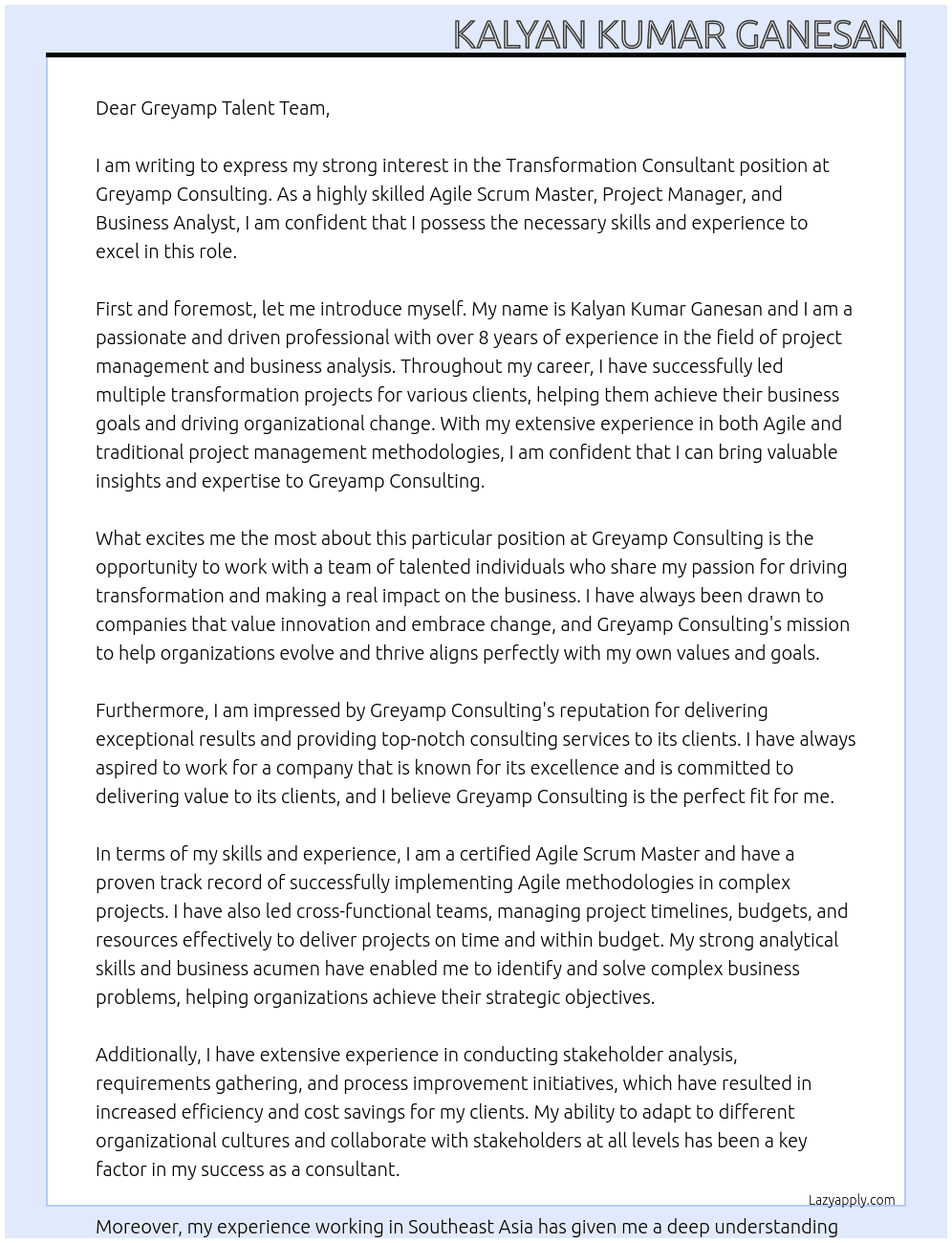 Transformation Consultant At Greyamp Consulting Cover Letter