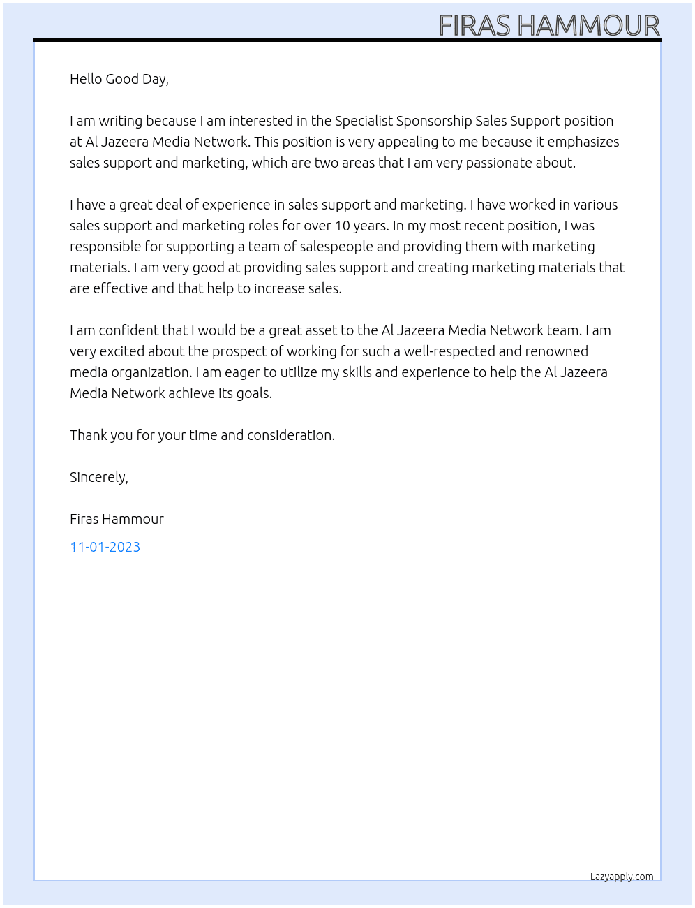 Specialist Sponsorship Sales Support At Al Jazeera Media Network Cover Letter