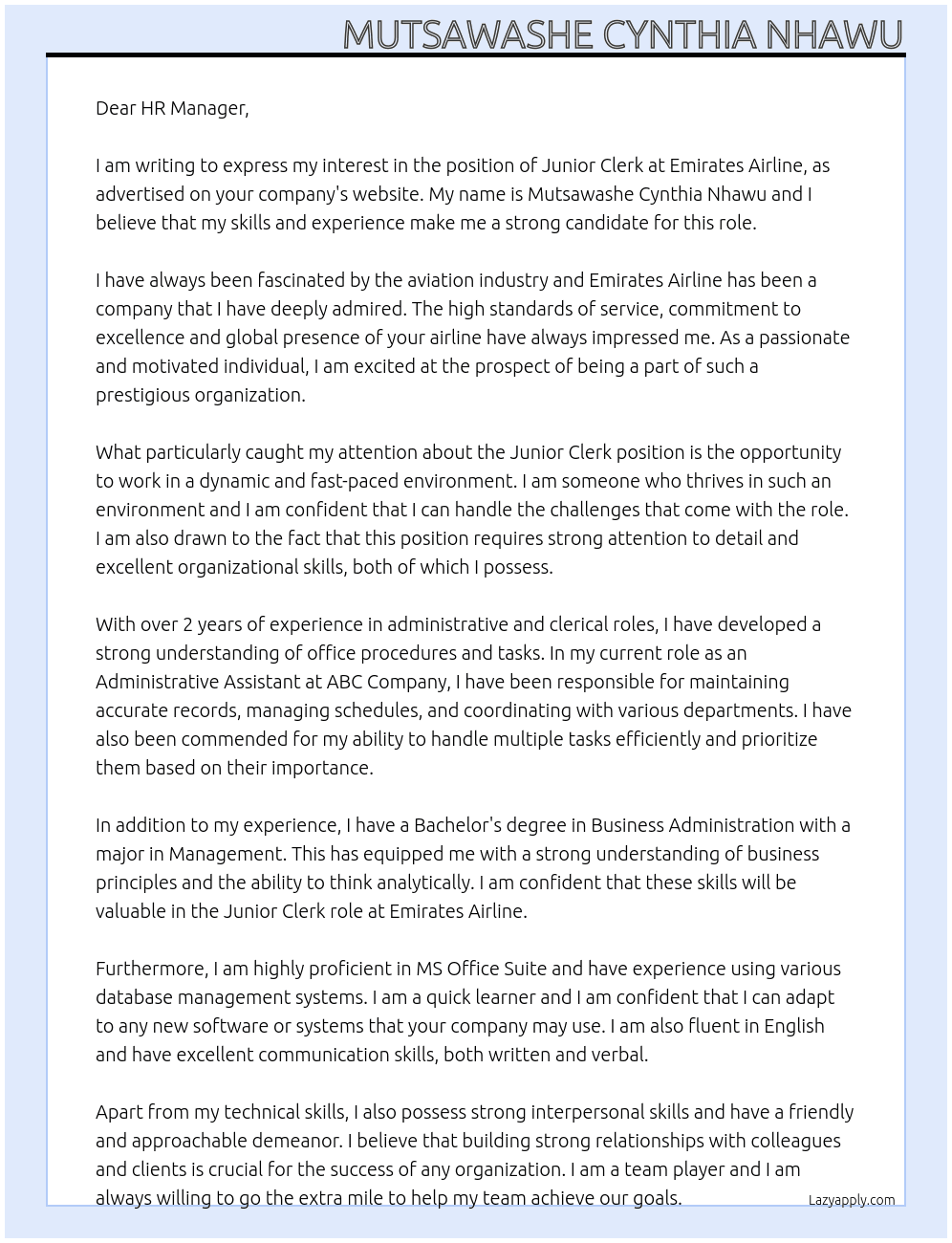 junior clerk At Emirates airline Cover Letter