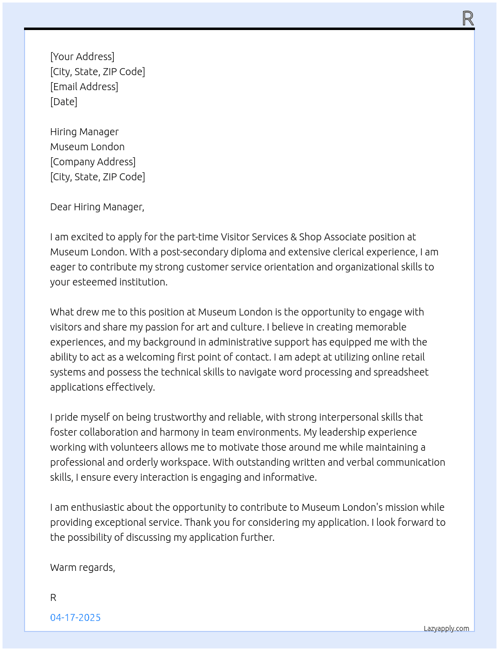 Visitor Services & Shop Associate (Part-time) At Museum London Cover Letter