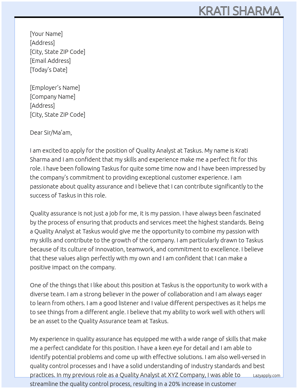 Quality Analyst  At Taskus Cover Letter