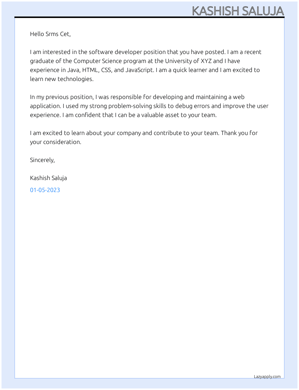 Software developer At Srms Cet, Bareilly Cover Letter