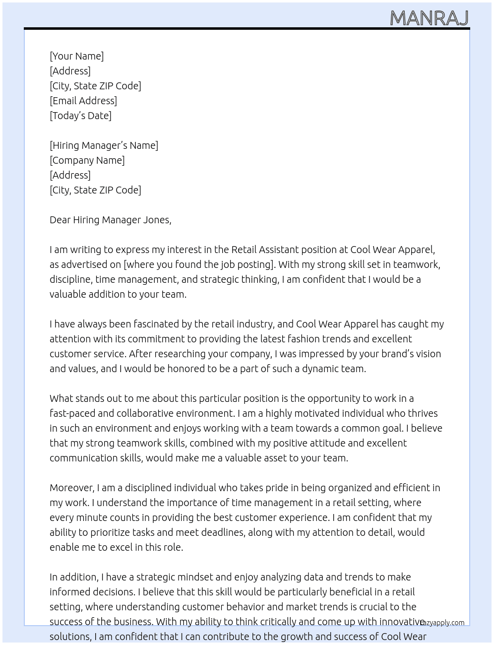 Retail Assistant At Cool Wear Apparel Cover Letter