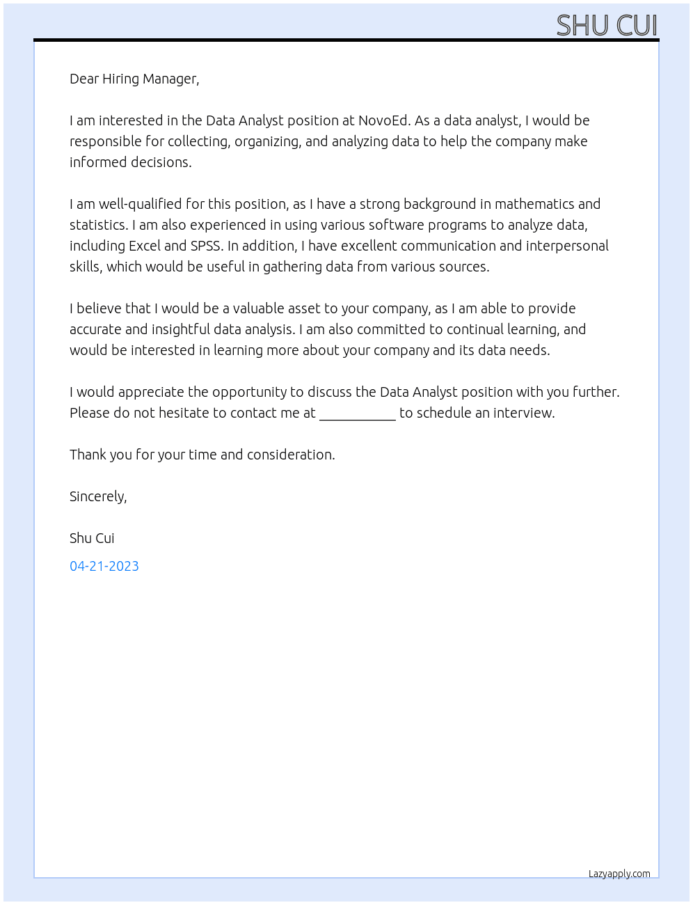 Data Analyst  At NovoEd Cover Letter