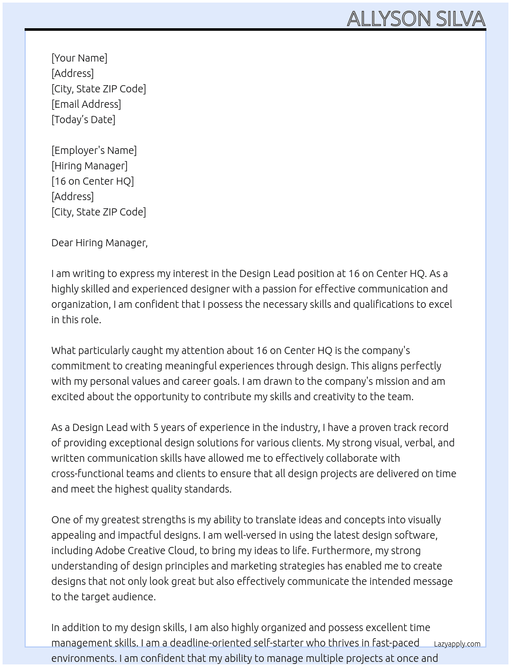 Design Lead At 16 on Center HQ Cover Letter