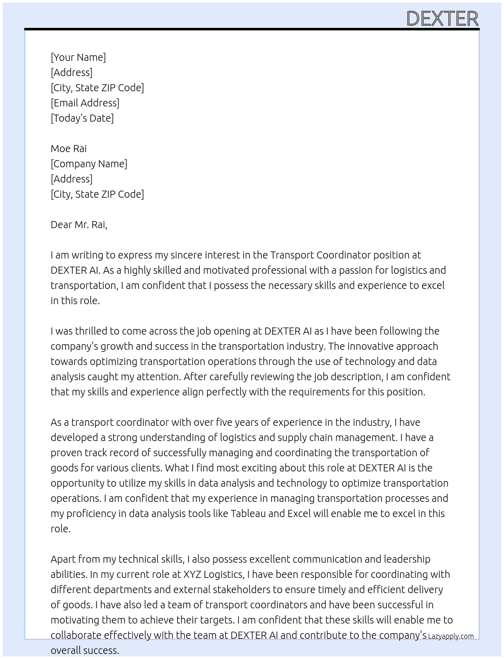 Transport Coordinator At DEXTER AI Cover Letter