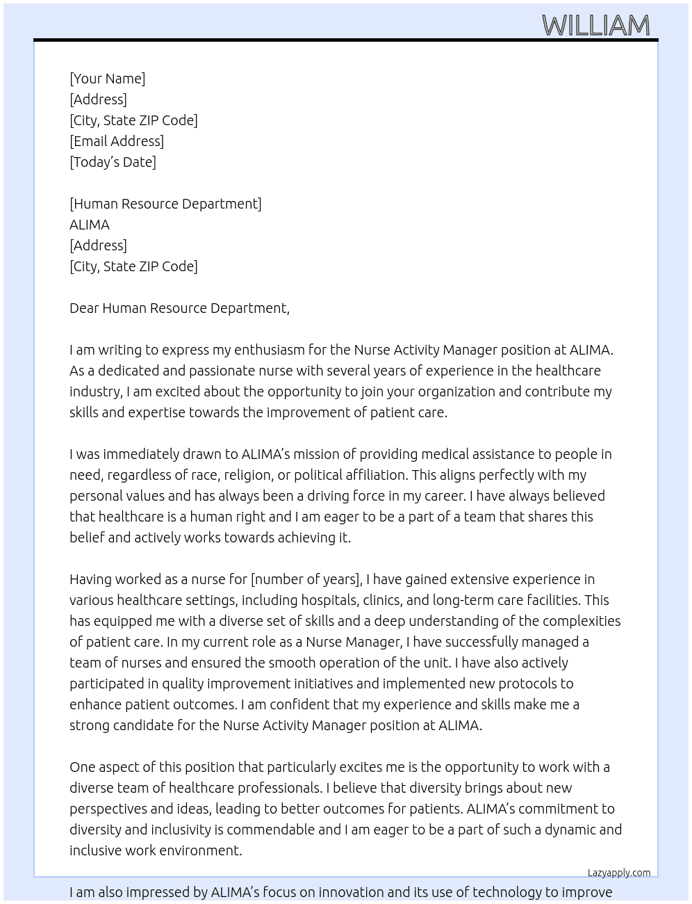 Nurse Activity manager  At ALIMA  Cover Letter