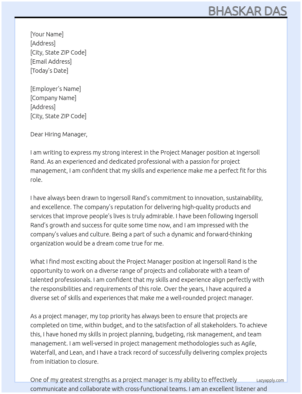 Project Manager At Ingersoll Rand Cover Letter