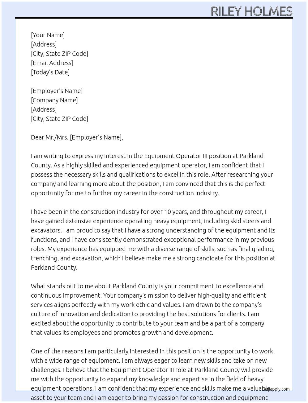 Equipment Operator III At Parkland County Cover Letter