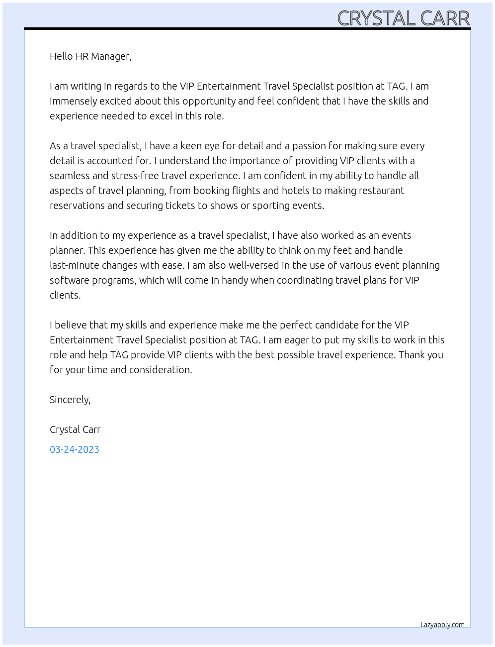 VIP Entertainment Travel Specialist At TAG Cover Letter