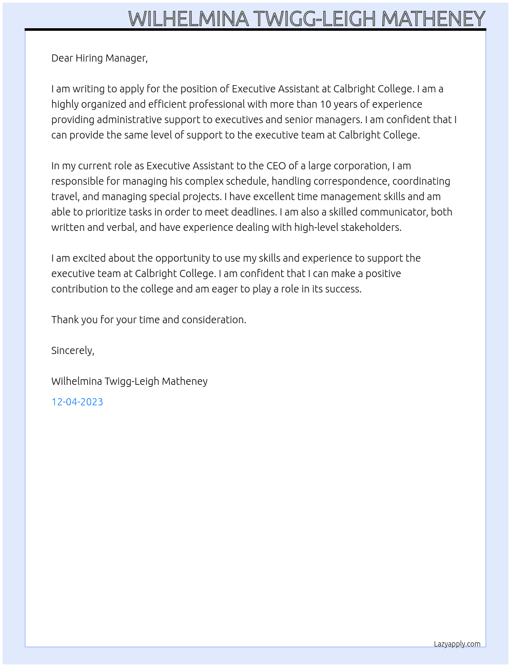 Executive Assistant At Calbright College Cover Letter