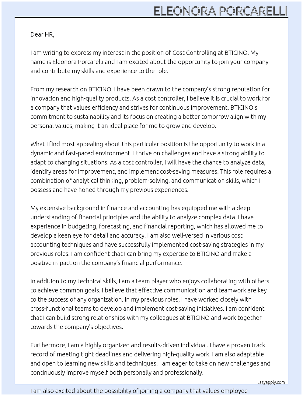 cost controlling At BTICINO Cover Letter