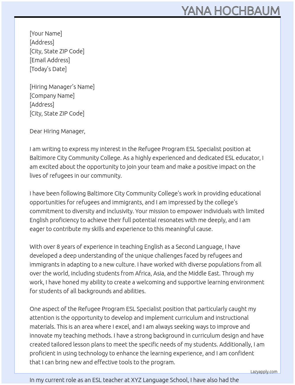 Refugee Program ESL Specialist At Baltimore City Community College Cover Letter