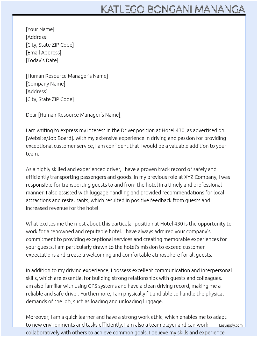 Driver At Hotel 430 Cover Letter