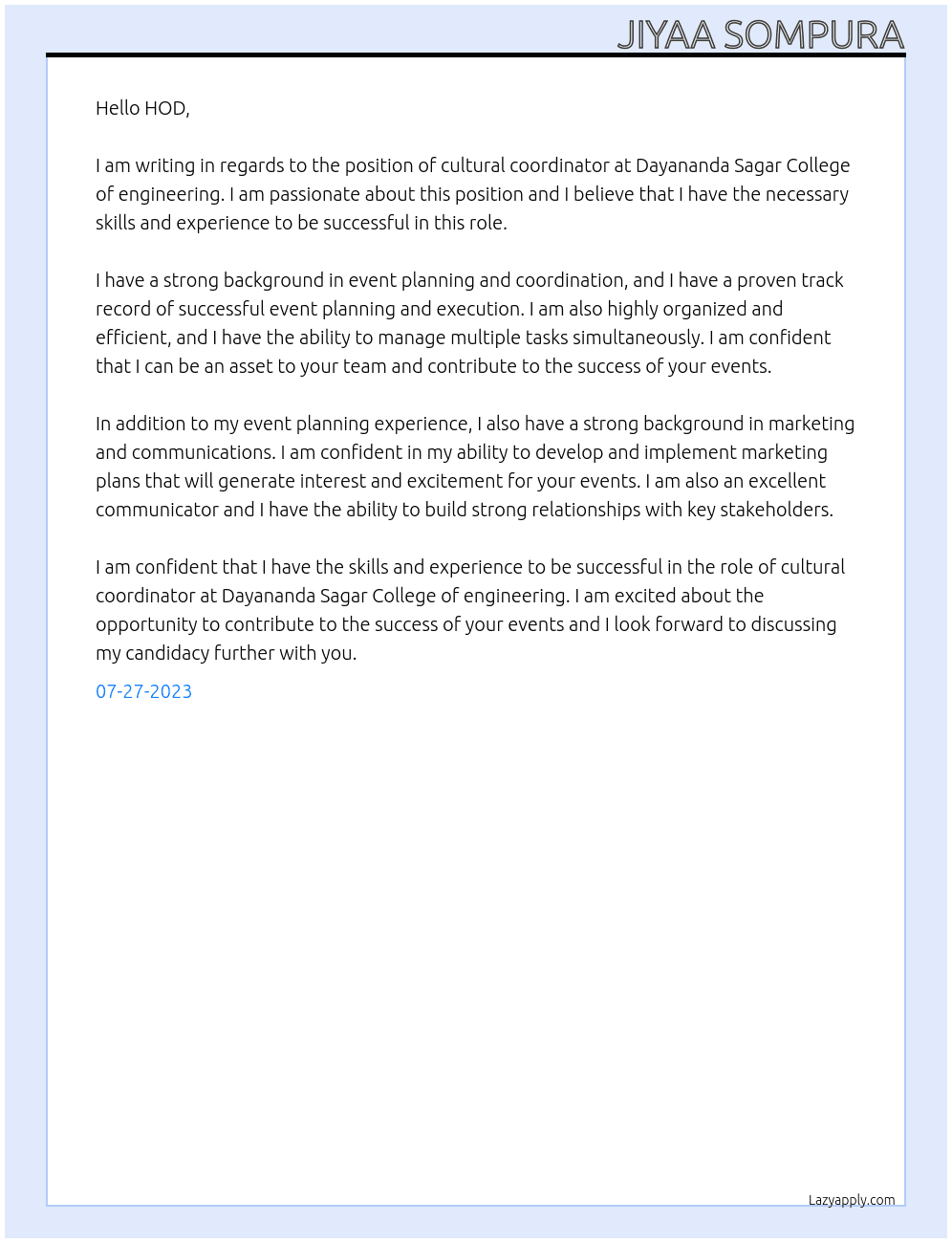 Cultural coordinator  At Dayananda Sagar College of engineering  Cover Letter