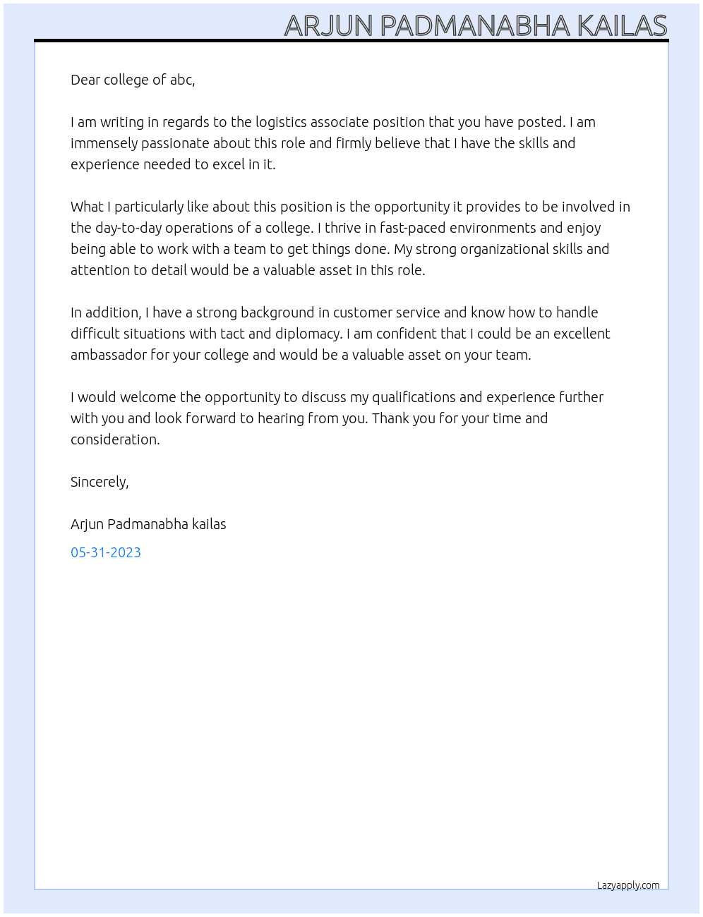 Logistics associat At College of abc Cover Letter