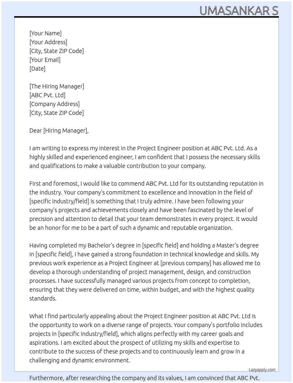 Project Engineer At ABC Pvt. Ltd Cover Letter